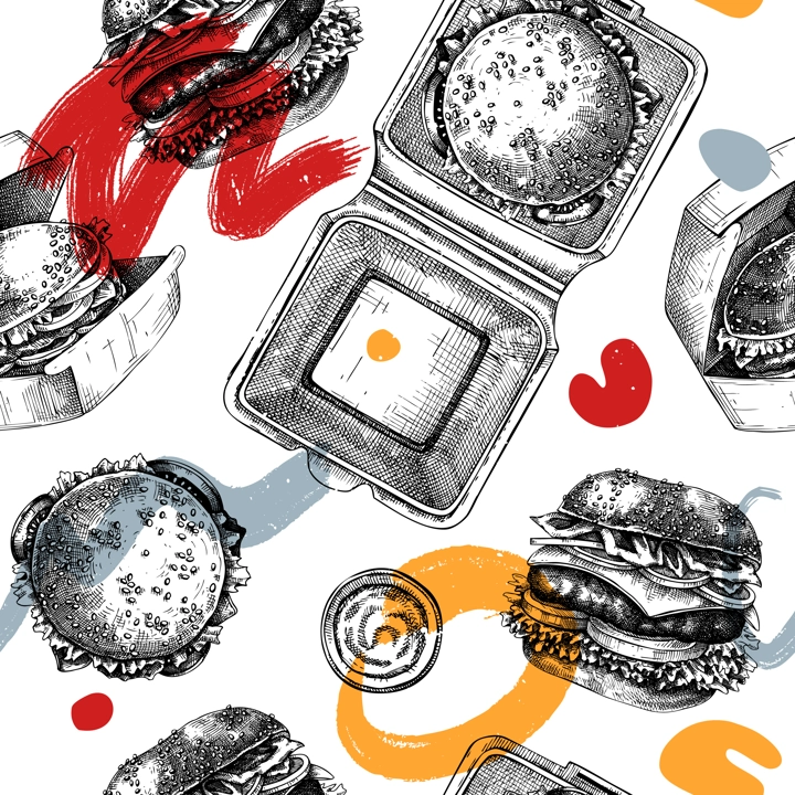 Collage-style fast food restaurant background. Burgers seamless pattern. Hand drawn vector illustration. Cardboard boxes for takeaway food, food delivery paper, plastic container sketches.